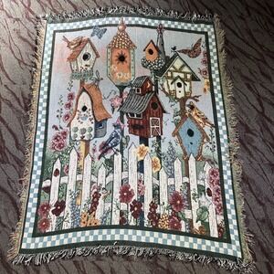 Afghan Tapestry Birdhouse Birds Butterflies  Flowers Picket Fence 48" W X 60"L